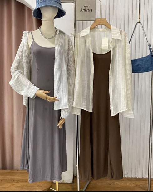 Ladies Sleeveless Long Dresses With Loose BackSlit Tie Shirts